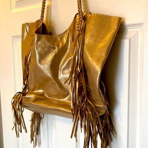 Lilly Pulitzer Gold Shimmer Cruise Tote with Metal Chain Straps and Fringe